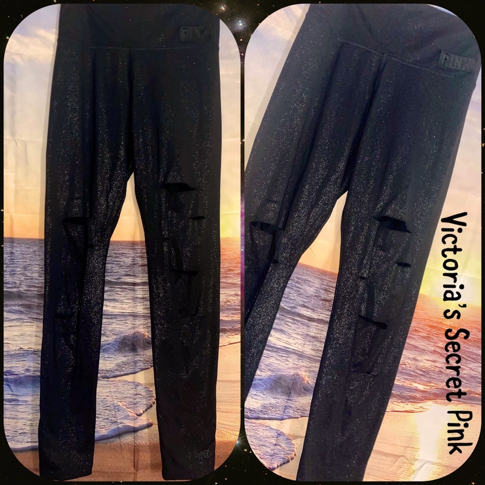 Victorias Secret Pink Glittery & Shimmery Distressed Leggings in Black